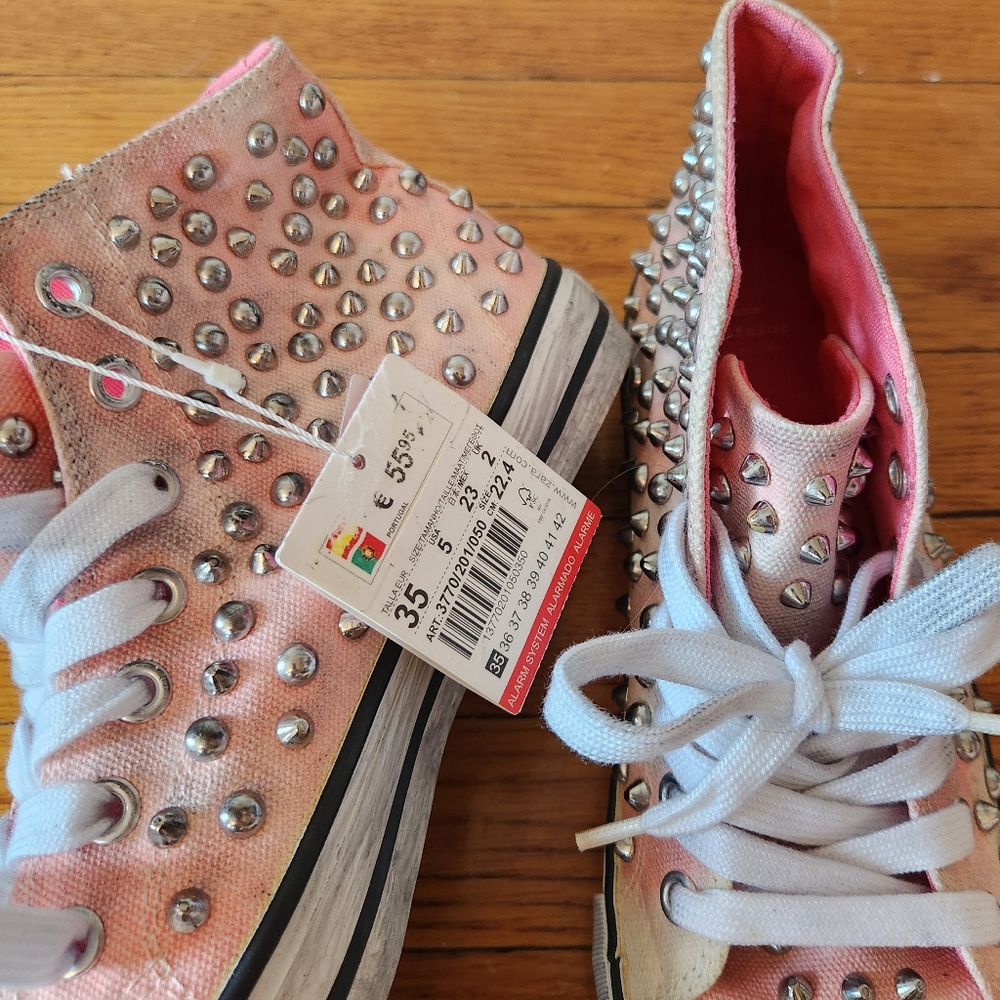 Zara Studded Pink Distressed Canvas Lace Up Sneakers - Picture 6 of 7